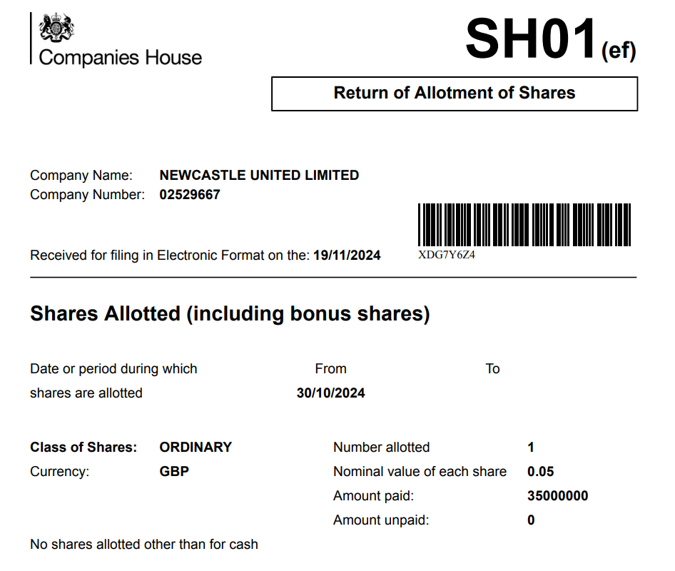 Companies House Newcastle United 19 November 2024