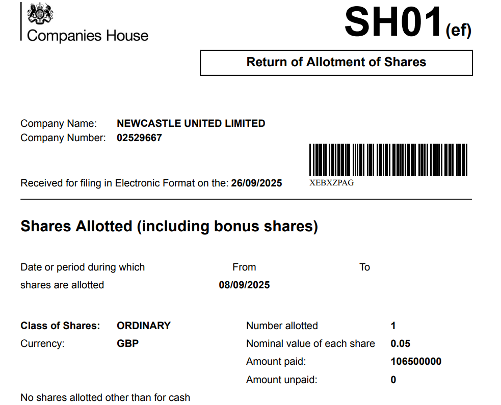 Newcastle United owners companies house 26 september 2025