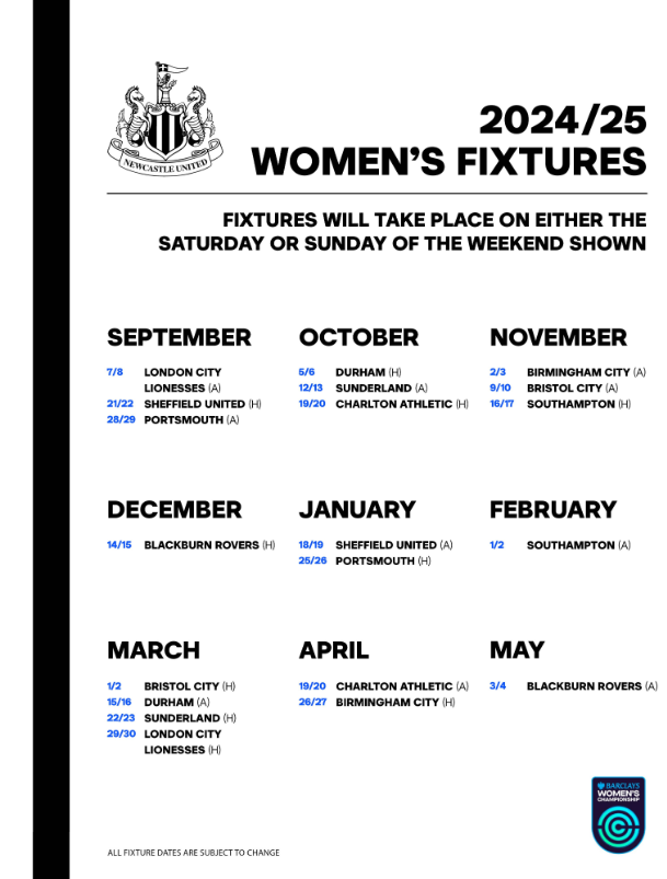 Newcastle United women 2024/25 fixtures