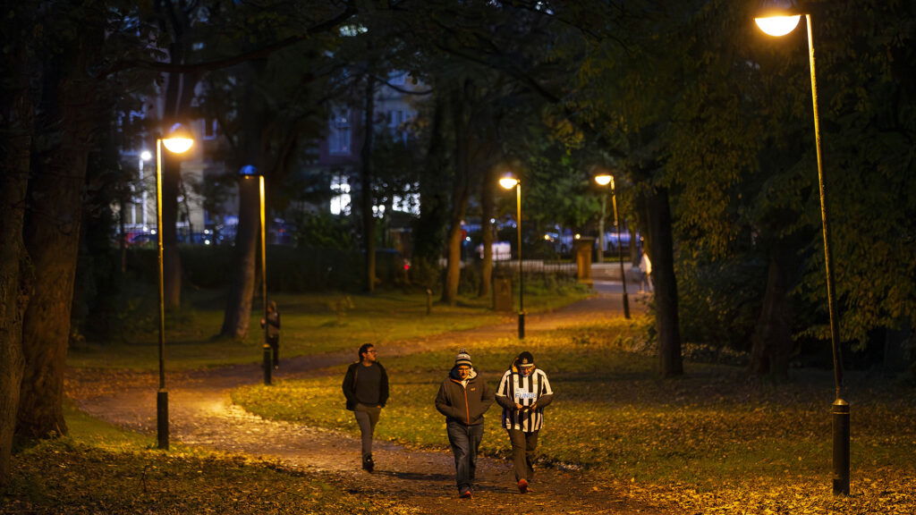 Newcastle Fans Walking Through Leazes Park To Match