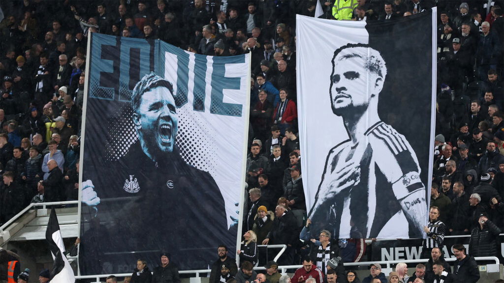 Eddie Howe Bruno Guimaraes Banners Wor Flags Newcastle