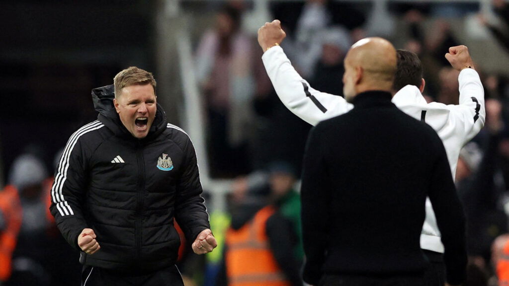 Eddie Howe Newcastle Celebrating Pep Guardiola Manchester City