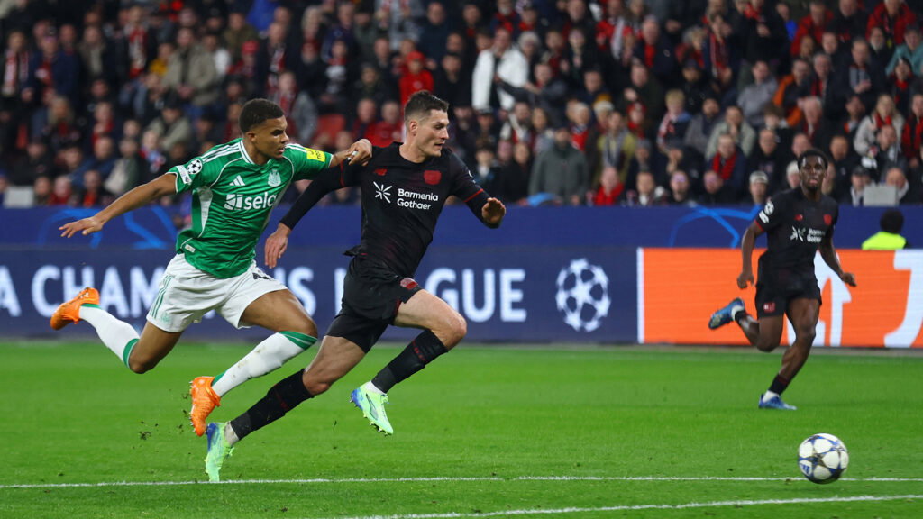 Malick Thiaw Newcastle Tackle Patrik Schick Leverkusen