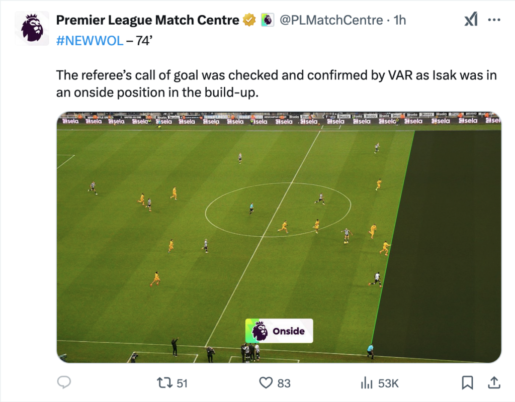 VAR Tweet Onside Newcastle Wolves